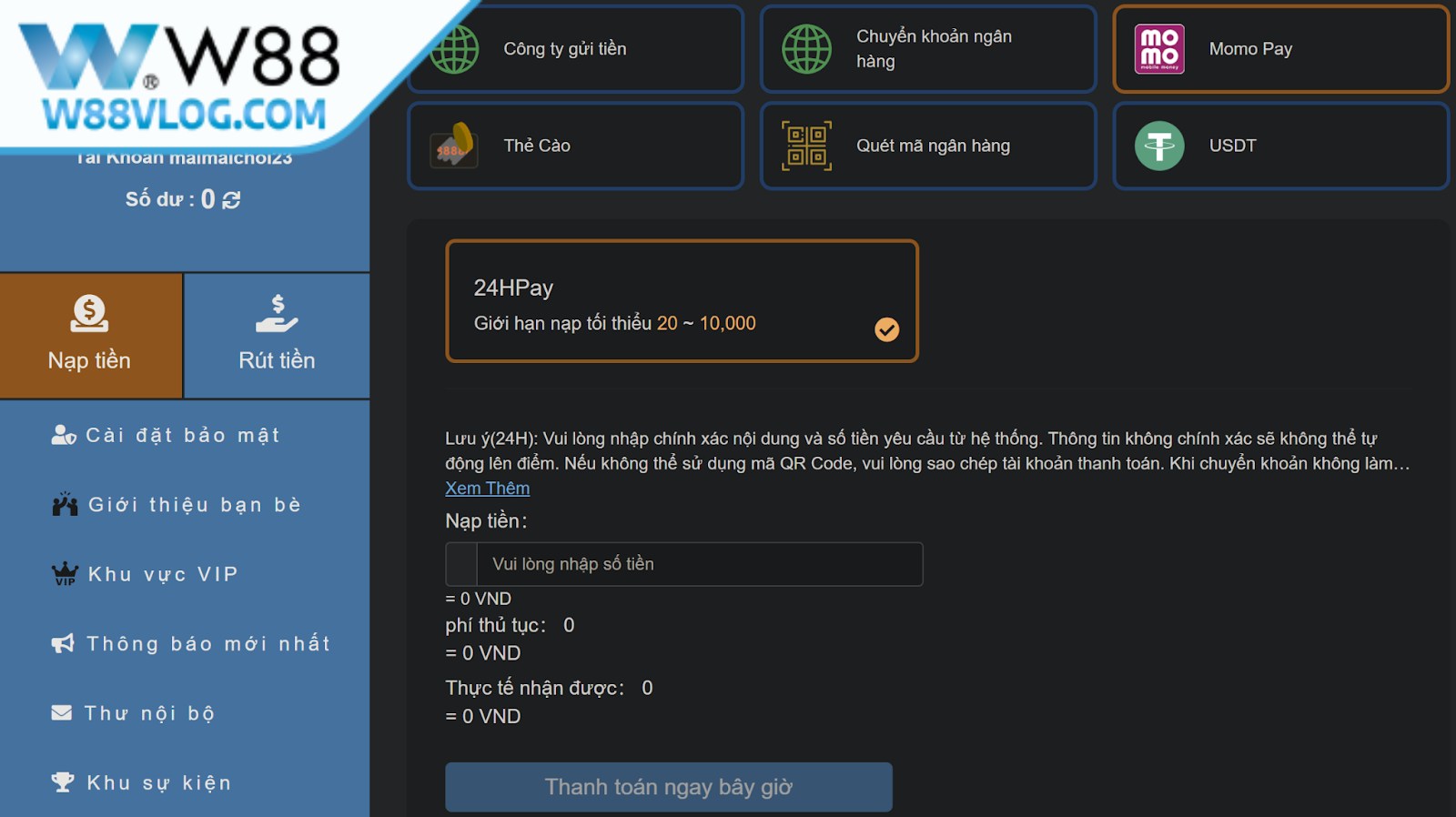 Lưu ý quan trọng để tránh lỗi hiển thị số tiền tại link W88